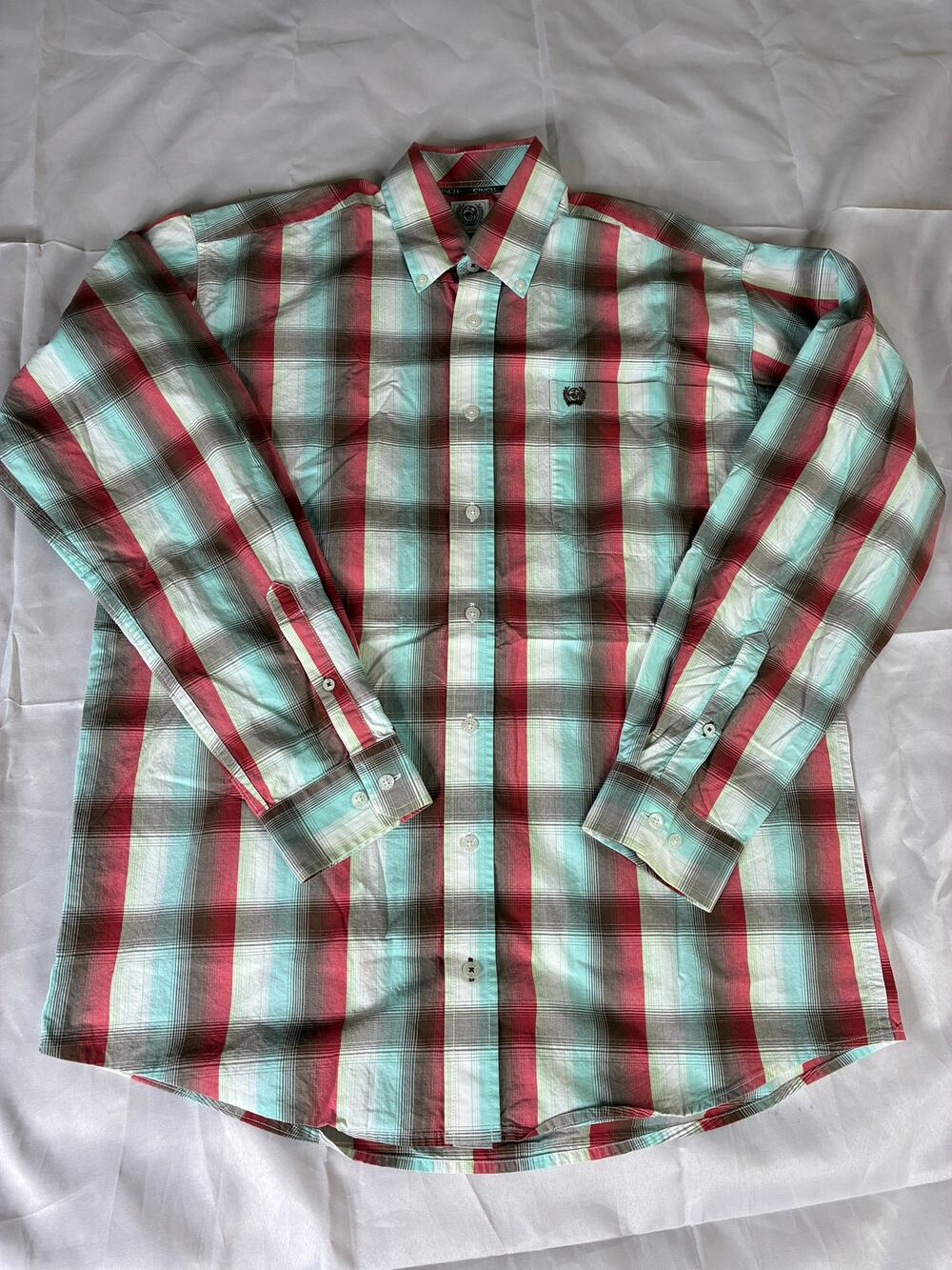 Cinch Mens Small Western Shirt Teal Red White Plaid Button Down L/S Vietnam